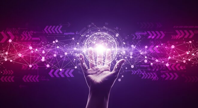 Metaverse Technology concepts. Woman hand holding global network connection. Internet communication, Wireless connection technology. Futuristic technology with polygonal shapes