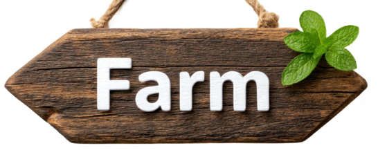 A wooden sign shaped like an arrow displaying the word "Farm," adorned with a fresh green mint leaf.