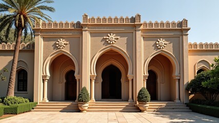 Fototapeta premium Traditional Arabic style house with intricate geometric patterns, arched doorways, and ornate decorations , Arab 