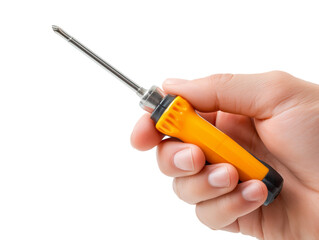 A close-up shot of a hand firmly gripping a sleek, yellow and black screwdriver, the tool ready for precision work.