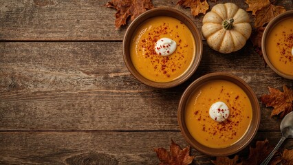 Top-Down View of Pumpkin Soup Bowls Arranged on Wooden Background