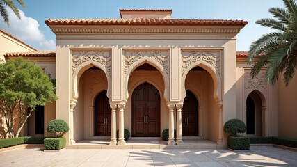 Fototapeta premium Traditional Arabic style house with intricate geometric patterns, arched doorways, and ornate decorations , Arab 