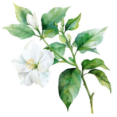 Watercolor white flower blossom with leaves on transparent background