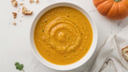 White bowl with velvety pumpkin lentil soup seen from above