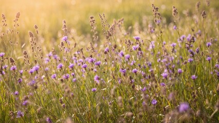 Clusters of purple blooms in a meadow, abstract summer nature, fresh spring growth, radiant sunlight, flower charm