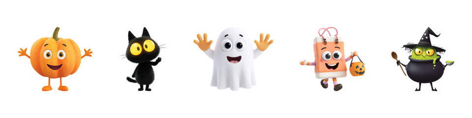 Obraz premium Halloween Characters: Pumpkin, Black Cat, Ghost, Candy Bag, And Witch. Festive And Playful Design Isolated On Transparent Background
