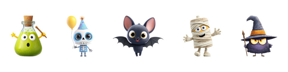 Obraz premium Cute Halloween Characters Illustration. Festive Cartoon Figures For Holiday Celebration Isolated On Transparent Background