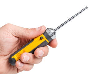 A close-up shot focuses on a hand firmly gripping a yellow and gray screwdriver. 