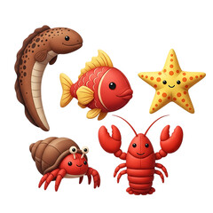 Whimsical cartoon ocean creatures a friendly collection of marine life on a black background