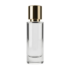 Naklejka premium Clear glass perfume bottle with a gold cap on a transparent background