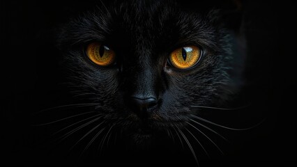 Halloween postcard featuring a black cat's face with glowing eyes against a dark backdrop