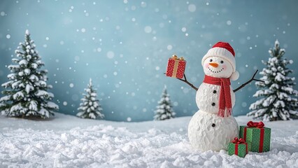 Cheerful snowman holding a present in the snow
