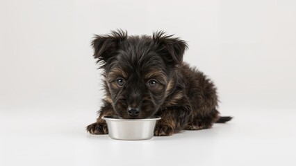 Small Terrier dog eating food on a plain white backdrop