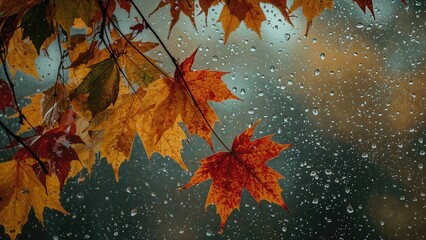 Close-up of rain on a window featuring bright fall foliage