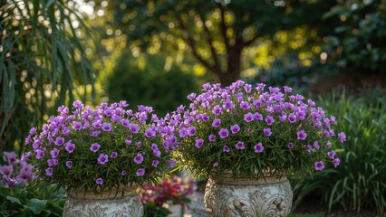 Spring and summer floral display of purple potted plants with greenery