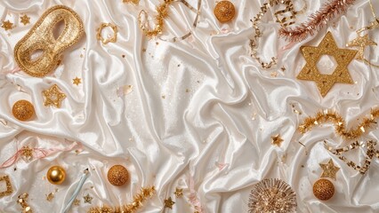 Jewish carnival holiday Purim depicted on a shimmering white chiffon surface, top-down view