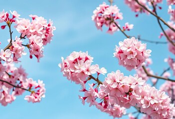 Vibrant pink and white cherry blossoms in full bloom against a soft blue sky,  plant,  close up