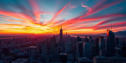 Vibrant sunset hues paint a dazzling cityscape skyline, modern, skyline