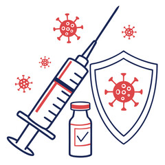 Flat illustration of syringe and vaccine vial with shield icon generated by ai