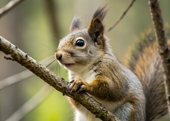 Obraz premium Close up portrait of wild squirrel detailed animal macro photography curious rodent holding branch sharp claws textured fur natural wildlife scene forest creature observing nature small mammal extreme