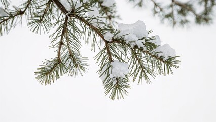 Isolated snowy pine branch featuring two protrusions