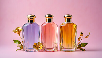 Elegant Perfume Bottles with Golden Accents and Floral Decor Luxury Fragrance Collection Against a Soft Pink Background