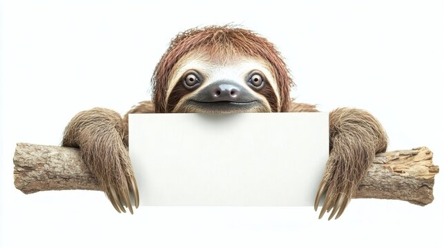 Sleepy sloth holds a blank sign.