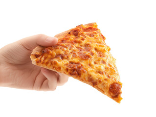 Close-up of a hand holding a slice of delicious pizza. 