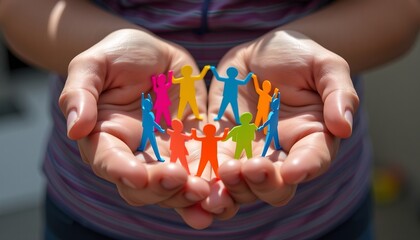 A circle of colorful miniature human figures symbolizing unity and community, held gently in cupped hands.