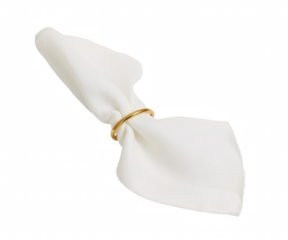 Elegant Presentation, Crisp White Napkin Artfully Held by a Gleaming Golden Ring on a Clean Presentation