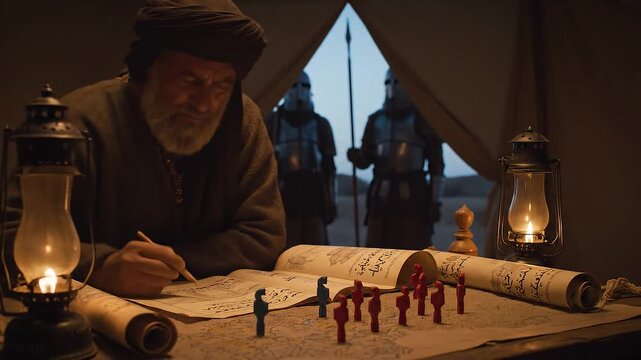 Strategic Battle Map Planning Session with Tokens in a Tent under Dim Lantern Light