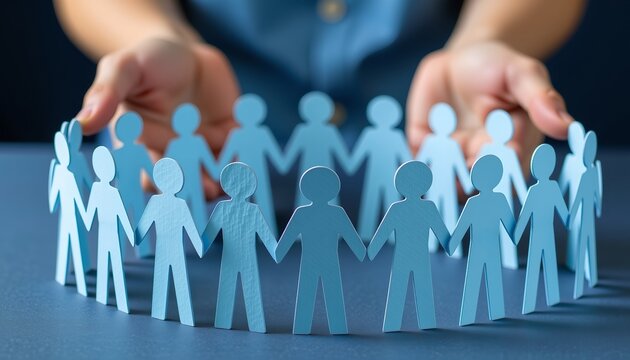 Hands surrounding a circle of blue paper-cut figures holding hands, representing community, teamwork, support, and human connection.