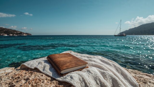 Notebook open on a towel placed on rocky shore beside clear blue water with boats in the distance during summer vacation - Powered by Adobe