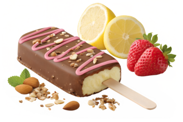 Chocolate glazed vanilla ice cream bar on stick transparent PNG cutout set bundle, isolated background. Almond nuts, milk and pink chocolate, lemon and strawberry flavor cue