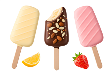 Chocolate glazed vanilla ice cream bar on stick transparent PNG cutout set bundle, isolated background. Almond nuts, milk and pink chocolate, lemon and strawberry flavor cue