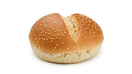 Top half of a sesame seed hamburger bun shown on a white background, leaving blank space at the top and bottom.