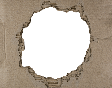 Ripped cardboard texture with a hole revealing empty space isolated on white background for creative design or advertising projects