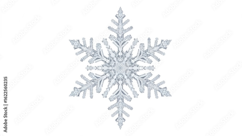Poster close-up of a single snow crystal with intricate hexagonal patterns on a white backdrop