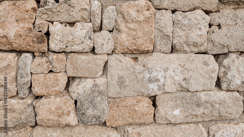 Poster stone and mortar wall segment with intricate texture and pattern, highlighting construction details