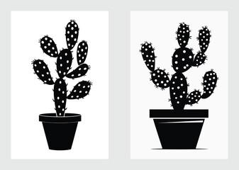 Black silhouette of spiky cactus plant in ceramic pot vector illustration

