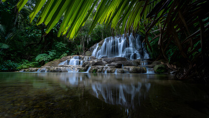 Enchanting Waterfall in Tropical Rainforest with Lush Greenery and Serene Reflections Creating a Tranquil Nature Scene
