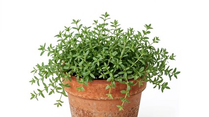 Oregano herb flourishing in a terracotta container on a plain white surface
