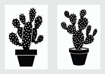Tall cactus silhouette with dual branches in ceramic flower pot vector art

