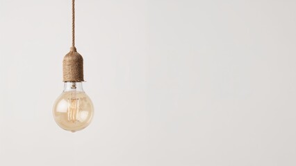Illuminated bulb dangling from a cord against a plain white surface with text area