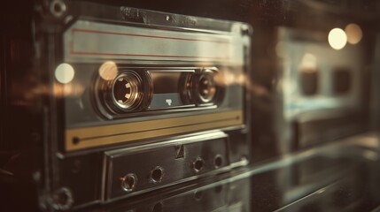 Close-up of vintage audio cassette tape in warm ambient lighting, ideal for retro-themed design, nostalgic music campaigns, old-school media content, or 80s-90s pop culture visuals.