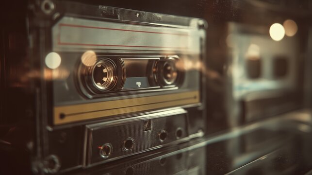 Close-up of vintage audio cassette tape in warm ambient lighting, ideal for retro-themed design, nostalgic music campaigns, old-school media content, or 80s-90s pop culture visuals