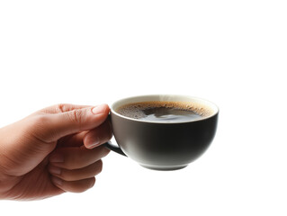 A close-up shot of a hand gently holding a cup of dark, rich coffee