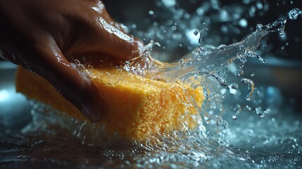 Fototapeta premium Macro close-up of dark-skinned hand squeezing yellow sponge with dramatic water splash, ideal for cleaning product ads, hygiene campaigns, and household chore visuals with bold lighting and contrast
