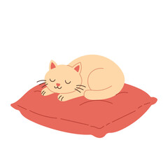 A cartoon cat is sleeping on a red pillow. The cat is curled up and has its eyes closed. The pillow is soft and comfortable, providing a cozy spot for the cat to rest
