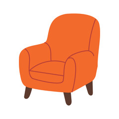 A cartoonish orange chair with a red cushion. The chair is sitting on a white background. The chair is drawn in a way that makes it look like it's about to fall over